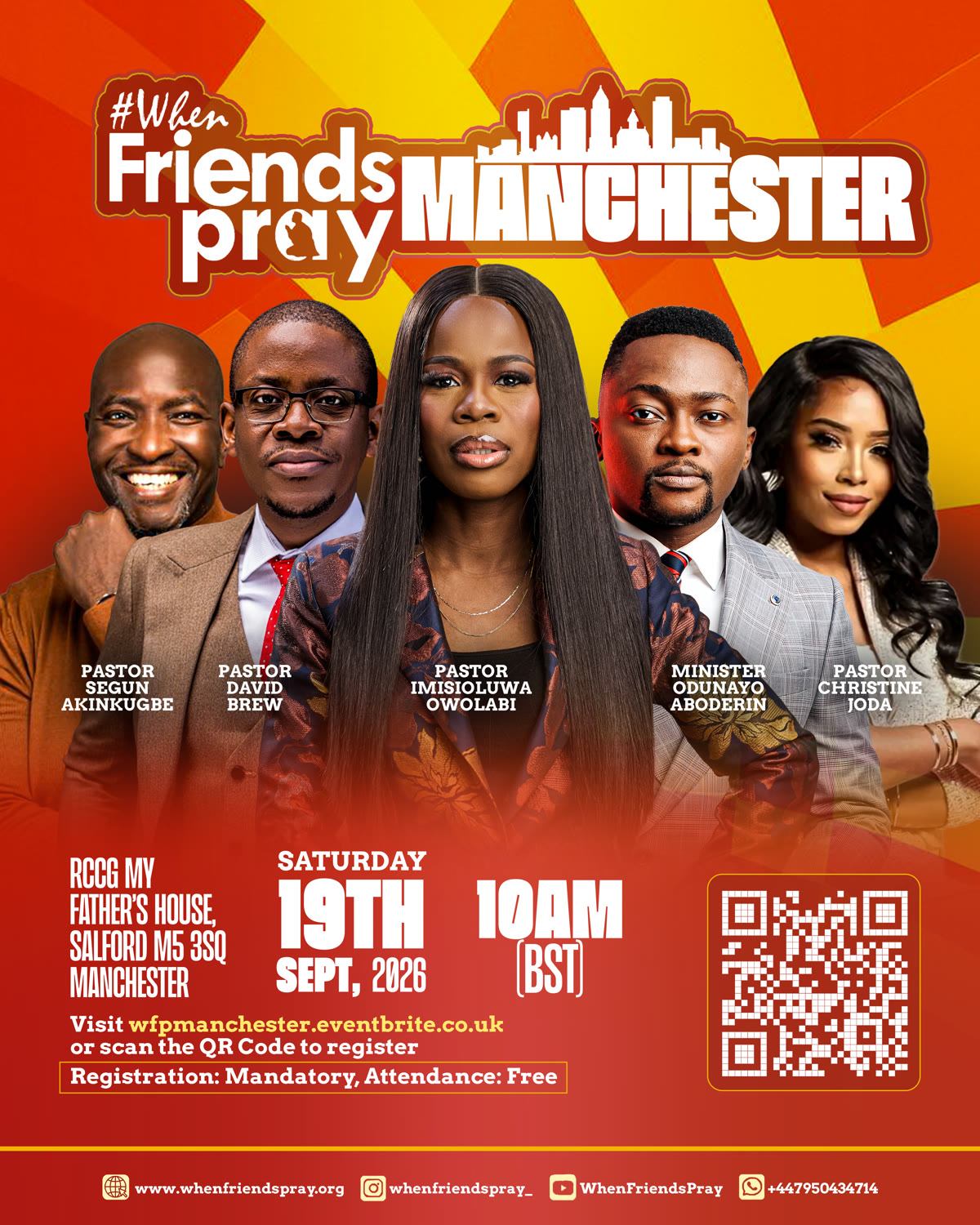When Friends Pray Manchester poster with the five ministers, Saturday 19 September 2026, 10am, RCCG My Father's House, Salford